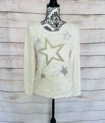H&M Girls Cream Metallic Stars Crew Neck Long Sleeve Eyelash Sweater 12/14 NWT