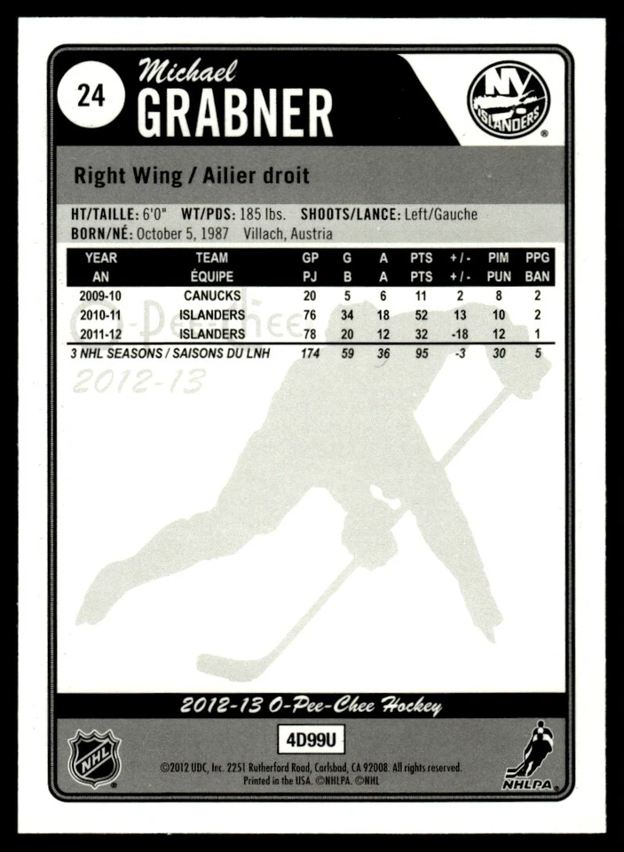 2012-13 O-Pee-Chee RAINBOW FOIL  Michael Grabner New York Islanders #24 - Image 2 of 2