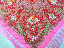 Russian Styled Pavlovo-Posad 80 % Wool Shawl Scarf Wrap Red Silk Fringe 115 cm