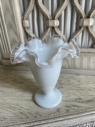 Fenton Milk Glass Vase Fluted Top Silver Crest Small Cone Base  ￼
