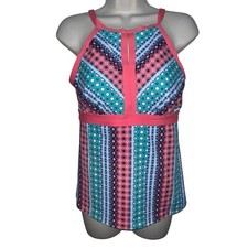 Lands' End Women's Modest Keyhole High Neck Tankini Swim Top Size 8D Coral Teal
