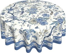 Chinoiserie Tablecloth Round 60Inch, Blue White Flowers Birds Table Cloth, Cl...