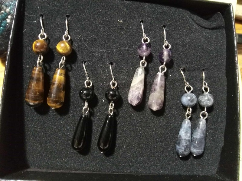 set of 4 teardrop earrings amethyst tiger eye onyx gray jasper silver plated new