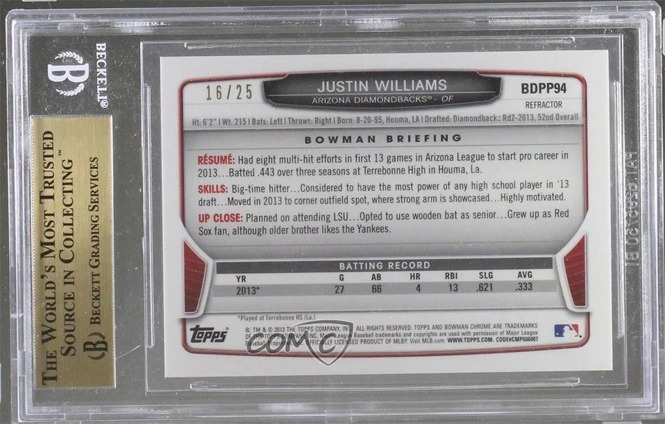 2013 Bowman Draft Picks Chrome Orange Refractor /25 Justin Williams BGS 9.5 - Image 2 of 2