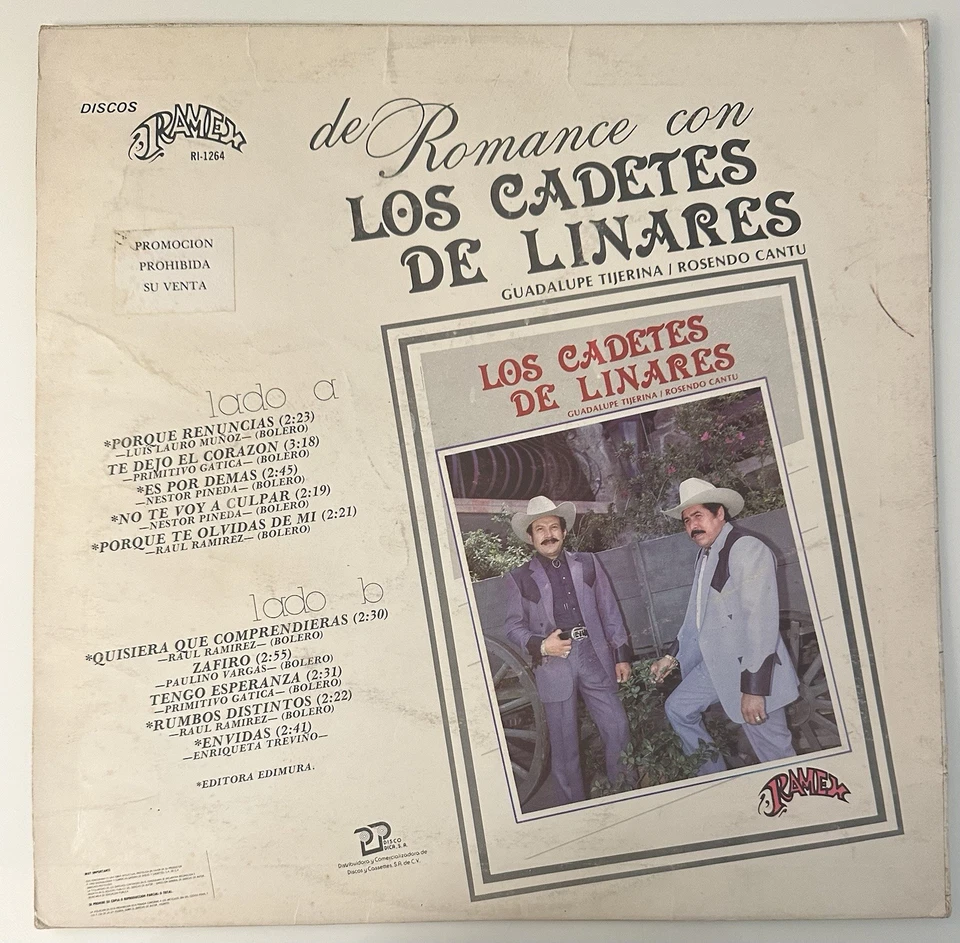 Los Cadetes De Linares – De Romance Con (1 x LP, Vinyl, 1990 MX, VG+) - Image 2 of 4
