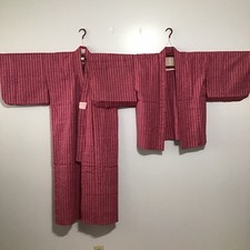 Vintage Japanese Kimono Haori Set Pink Vertical Stripe - Girl s Preteens Youth