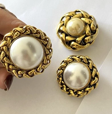 boucles d’oreilles + Broche Perles Nacre Vintage jewelry earring bijoux Couture - Photo 1/4