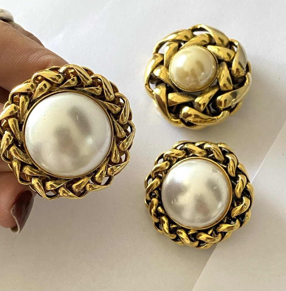 boucles d’oreilles + Broche Perles Nacre Vintage jewelry earring bijoux Couture - Photo 1/4