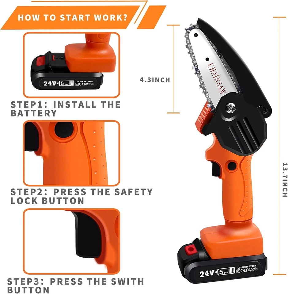 Mini Motosierra Inalámbrica 4 Pulgadas 24V Sierra de Cadena Eléctrica 2500mAh 2 Baterías EE. UU. Foto 2 de 4