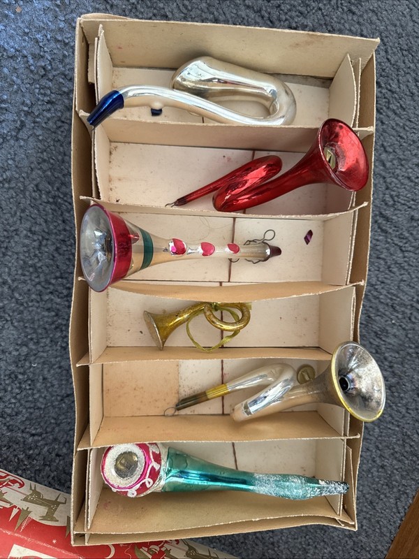 6 Vintage Antique Christmas German Horn Instrument Mercury Glass Ornament