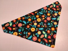 NEW Dog Bandana Over the Collar Slide On Spring Floral Bird Black Lrg Handmade