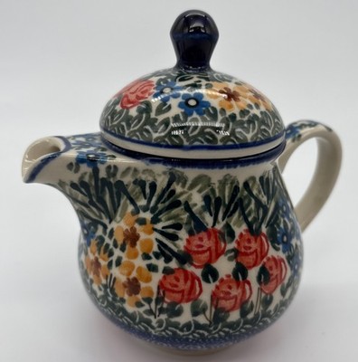 Polish Pottery Creamer w/ Lid Unikat 1625 M Starzyk Perennial Pink  Yellow Blue