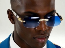 Men's Sunglasses Hip Hop Migos Diamond Rimless Square Frame Blue Lens Designer