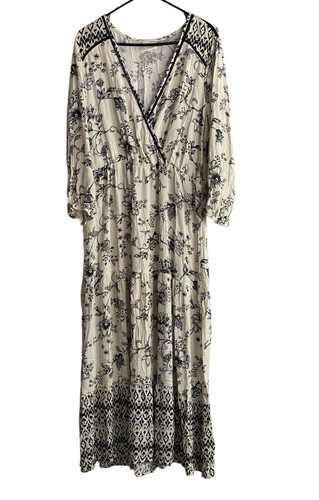 Knox Rose Tiered Maxi Dress XL Black Cream Long Sleeve V Neck Boho NWT