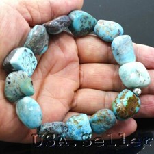 Blue Turquoise Bracelet Rough Nugget Beads Stretch Healing Gemstone Kingman 8"