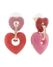 NEW BETSEY JOHNSON GOLD TONE PINK,RED HEART SHAPE,CRYSTALS DANGLE,DROP EARRINGS