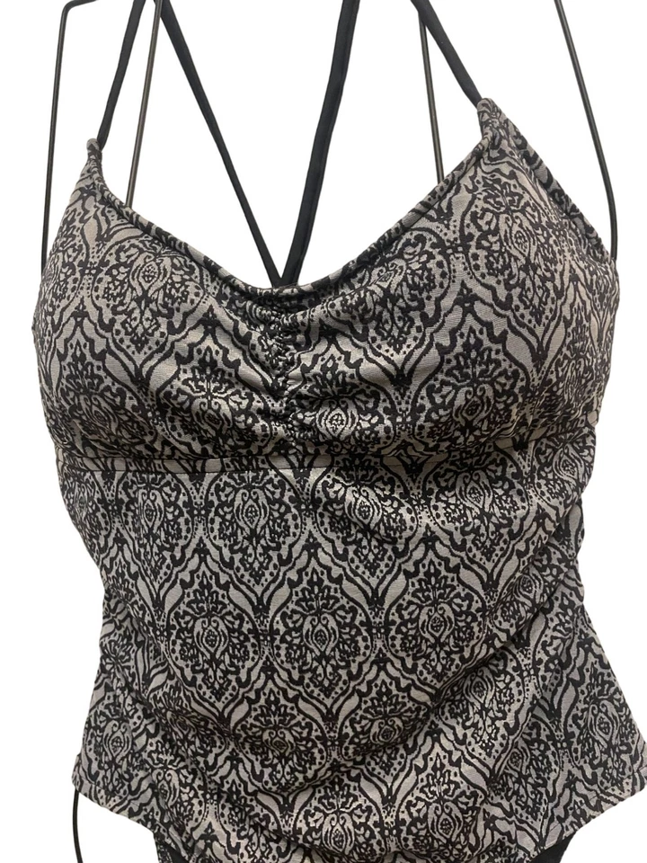 ladies Swimsuit XL Jacquard Damask Grey Black ruched beach swim ladder back - Image 3 of 4
