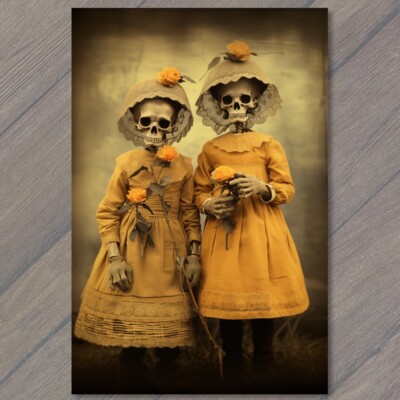 Art Print Weird Creepy Skeleton Twin Unreal Halloween Unusual Strange Flowers