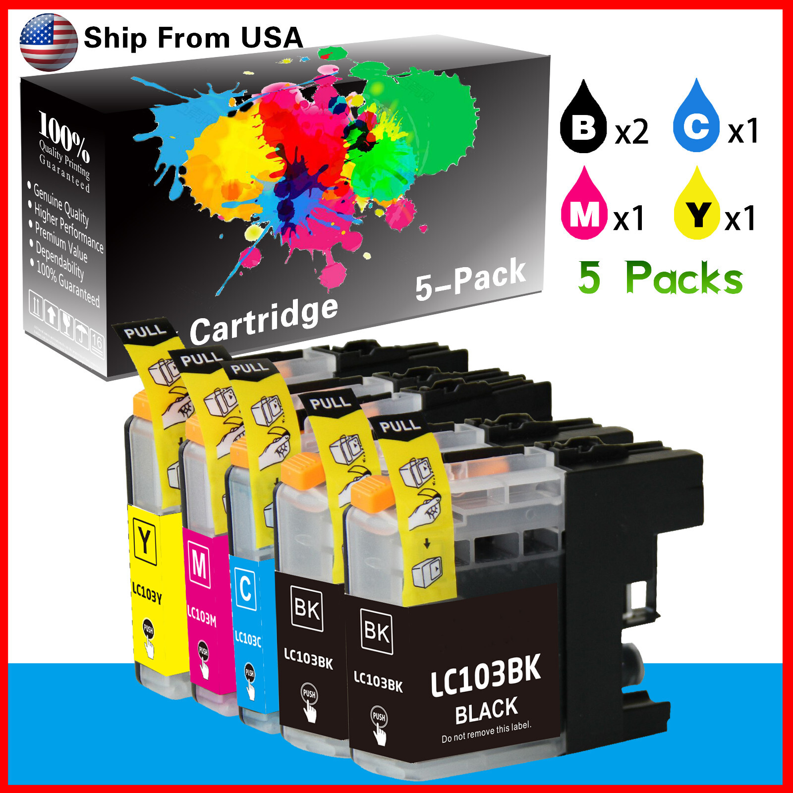 (5PK,2BCMY) LC103XL LC103 Ink Cartridge for DCP-J152W MFC-J245 Printer ...