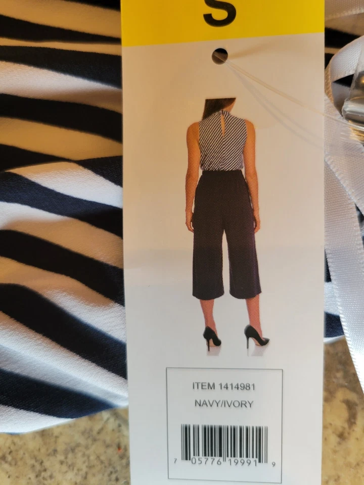 Mameluco de una pieza Sandra Darren para mujer sin mangas azul marino marfil rayas pequeño S Foto 3 de 3