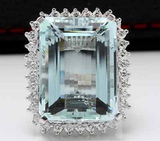 32.00 Carats NATURAL AQUAMARINE and DIAMOND 14K Solid White Gold Ring