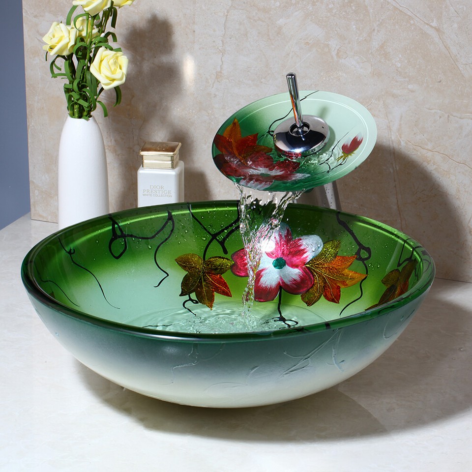 Glass Vessel Sink With Drain Frosted Green Tempered Glass