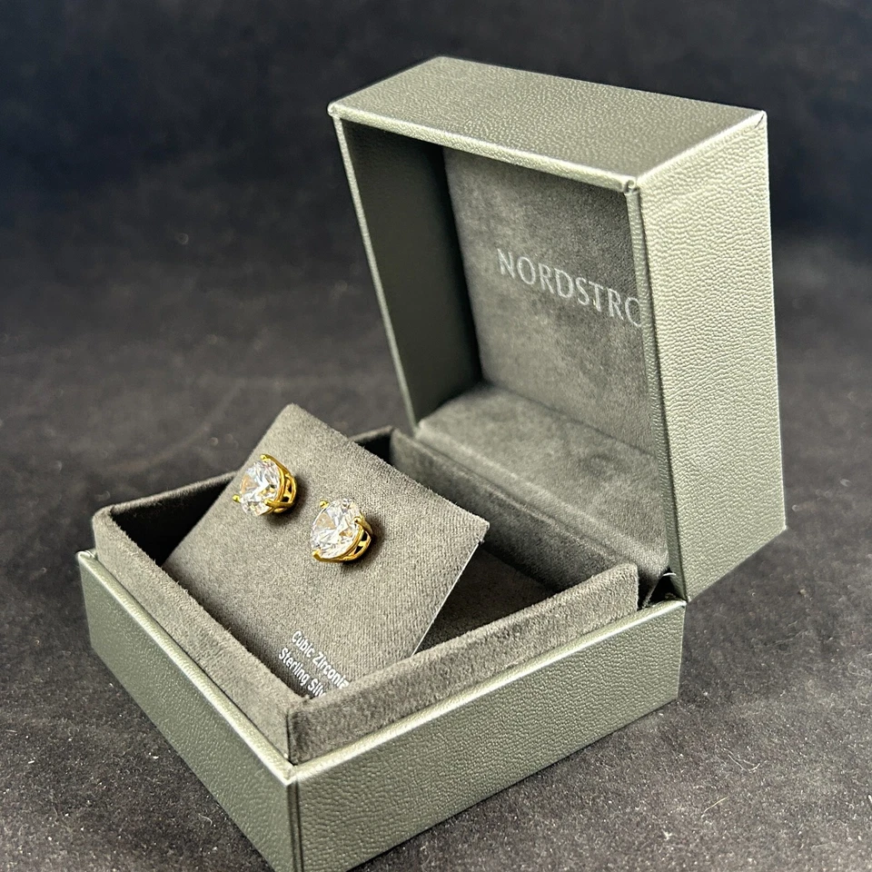 NORDSTROM STERLING SILVER GOLD PLATED CUBIC ZIRCONIA STUD EARRINGS W/ CASE - Image 4 of 4