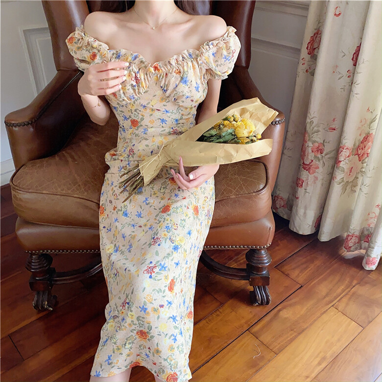 Women Lady Floral Tea Dress Puff Short Sleeve Chiffon Ruffle Midi Slim  Fashion