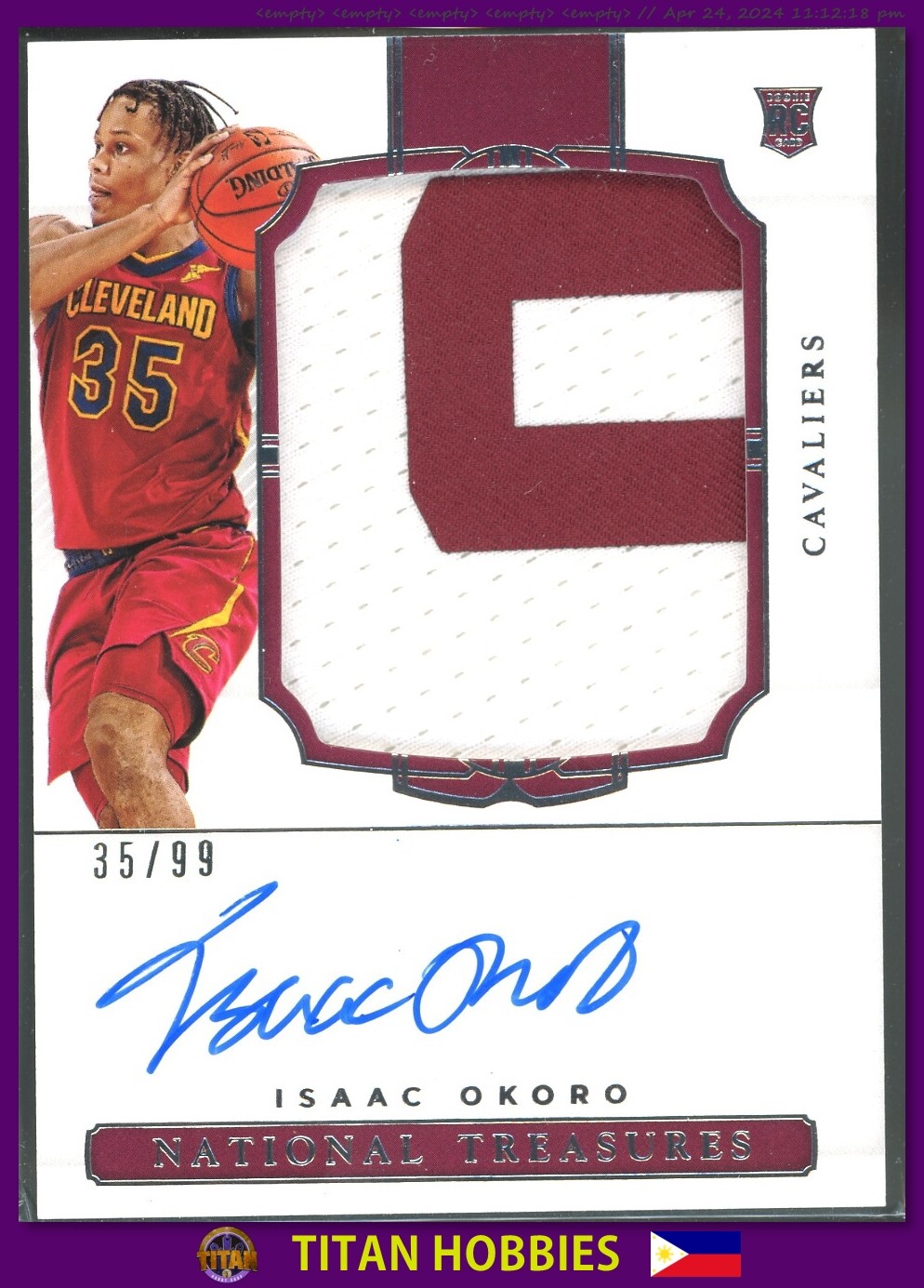 2020 Panini National Treasures RPA #105 Isaac Okoro Rookie PATCH AUTO RC /99