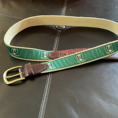 Men's Adjustable Green Beige Belt Pine Valley Logo w/ Brown Leather Brass Buckle