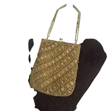 Magid Japan Gold Crocheted Beaded Bag Gold Tone Chain Made In Japan MCM