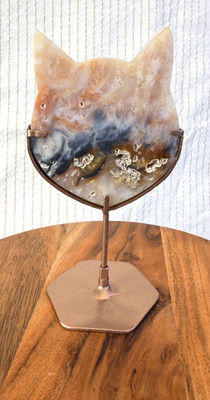 Rainbow Plume Agate Cat head Carving W/Stand
