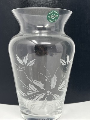 Vtg Lead Crystal Vase  Holiday Lenox Design Holly ~ 7  x 5   Thin Classic