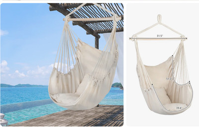 Y-Stop Hanging Rope Swing Hammock Chair, Cushions Included - Beige (320 Lbs Max,