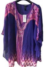 Catherine's 2X Purple & Pink Beaded V-Neck Poncho-Style Blouse