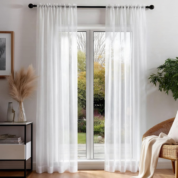 Voile Vorhang Mit Stangendurchzug ÜBergardinen Sheer Curtains Weiß-image