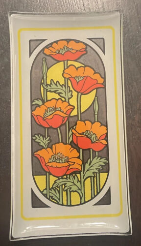 Vintage Japan Tsuru Counterpoint San Francisco Glass Tray Orange Yellow Flowers