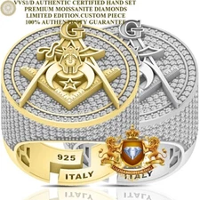 Real VVS1/D 4.72 Ctw. Moissanite Masons & Shriners Masonic Freemasonry Ring Band