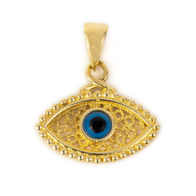 Evil Eye 14K Gold Filigree Byzantine Pendant, Greek Handmade