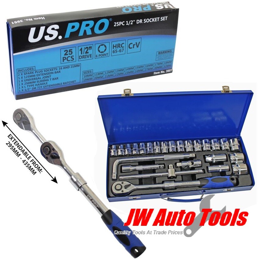 Us Pro Tools 25Pc 1/2" Dr Extendable Ratchet Socket Set 10 - 32Mm Sockets 6Pt 3951 - Image 5
