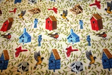 BIRDS AND BIRD HOUSES IN BLUE AND RED- 100% COTTON FABRIC