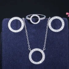 Shiny Circular Pendant Necklace Earrings Ring Silver Plated Zirconia Jewelry Set