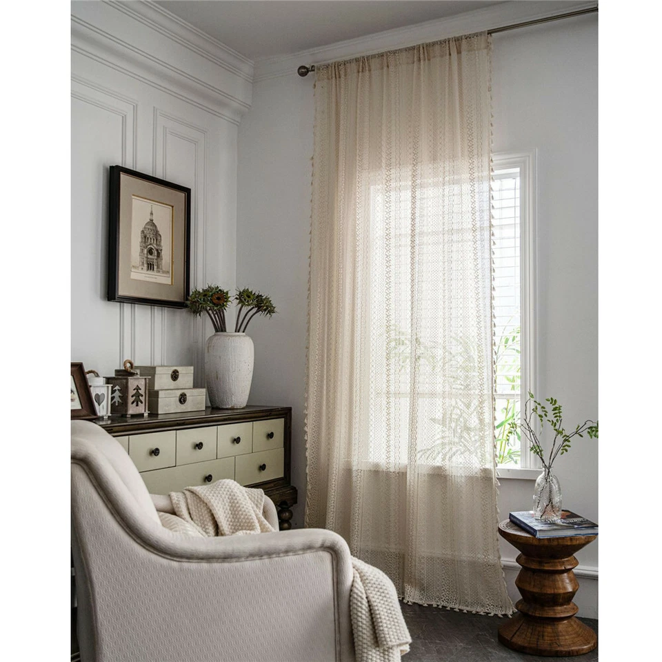 Cortina de ganchillo hecha a mano semi-apagón boho de Navidad para sala dormitorio Foto 2 de 4