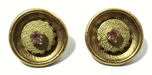 VINTAGE SIGNED PARIS HOUSE LTD LONDON PINK CRYSTALS GOLD CLIP EARRINGS