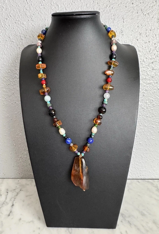Vintage Amber, Stone, Glass & Pearl Bead Genuine Amber Pendant Necklace 21" - Image 3 of 4