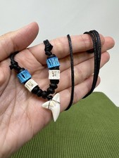 Fossil Shark Tooth Necklace with Blue  White Beads   Handmade Surfer Pendant