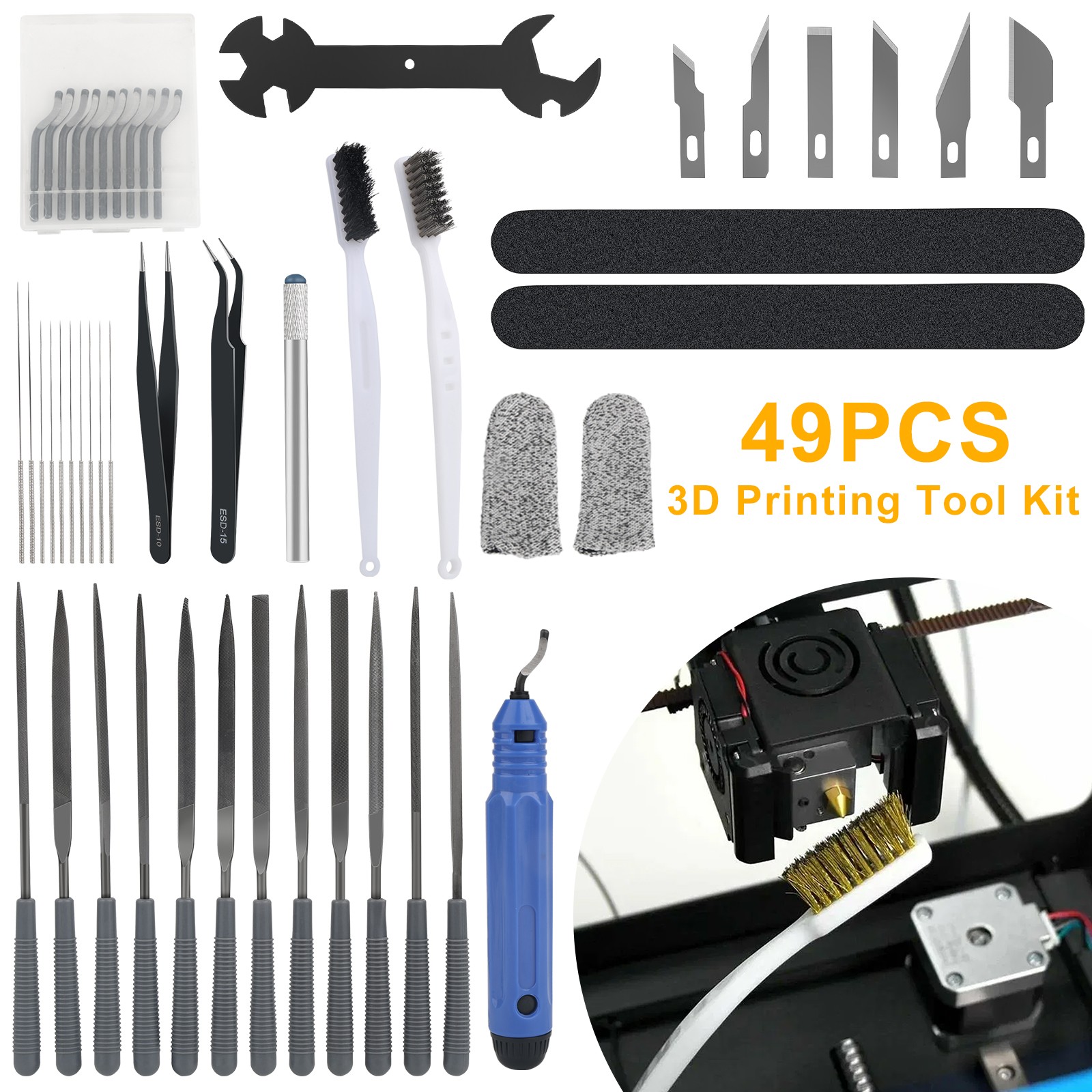 47x 3D Printer Cleaning & Finishing Kit Deburring Tool Needles Files Tweezer Set