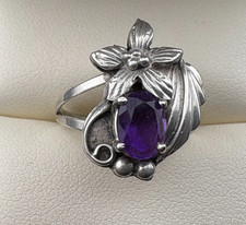 Vintage Handmade Collectible Sterling Silver Amethyst Flower Leaf Ring Sz. 7.25