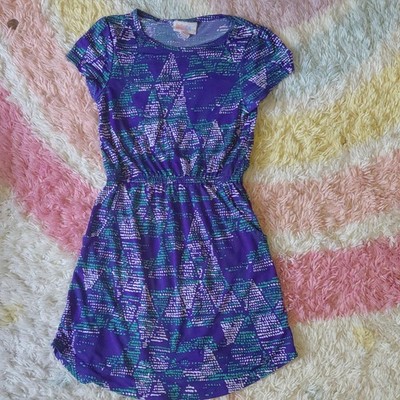 LuLaRoe Girls Size 6 Purple Blue Green Geometric T-Shirt Dress Short Sleeve