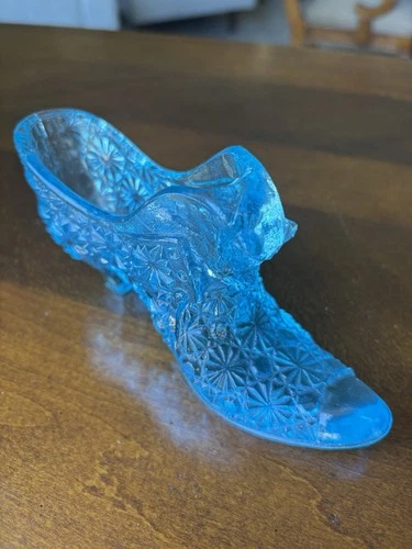 Vintage Fenton Blue Cat Shoe Daisy & Button Turquoise Glass Slipper